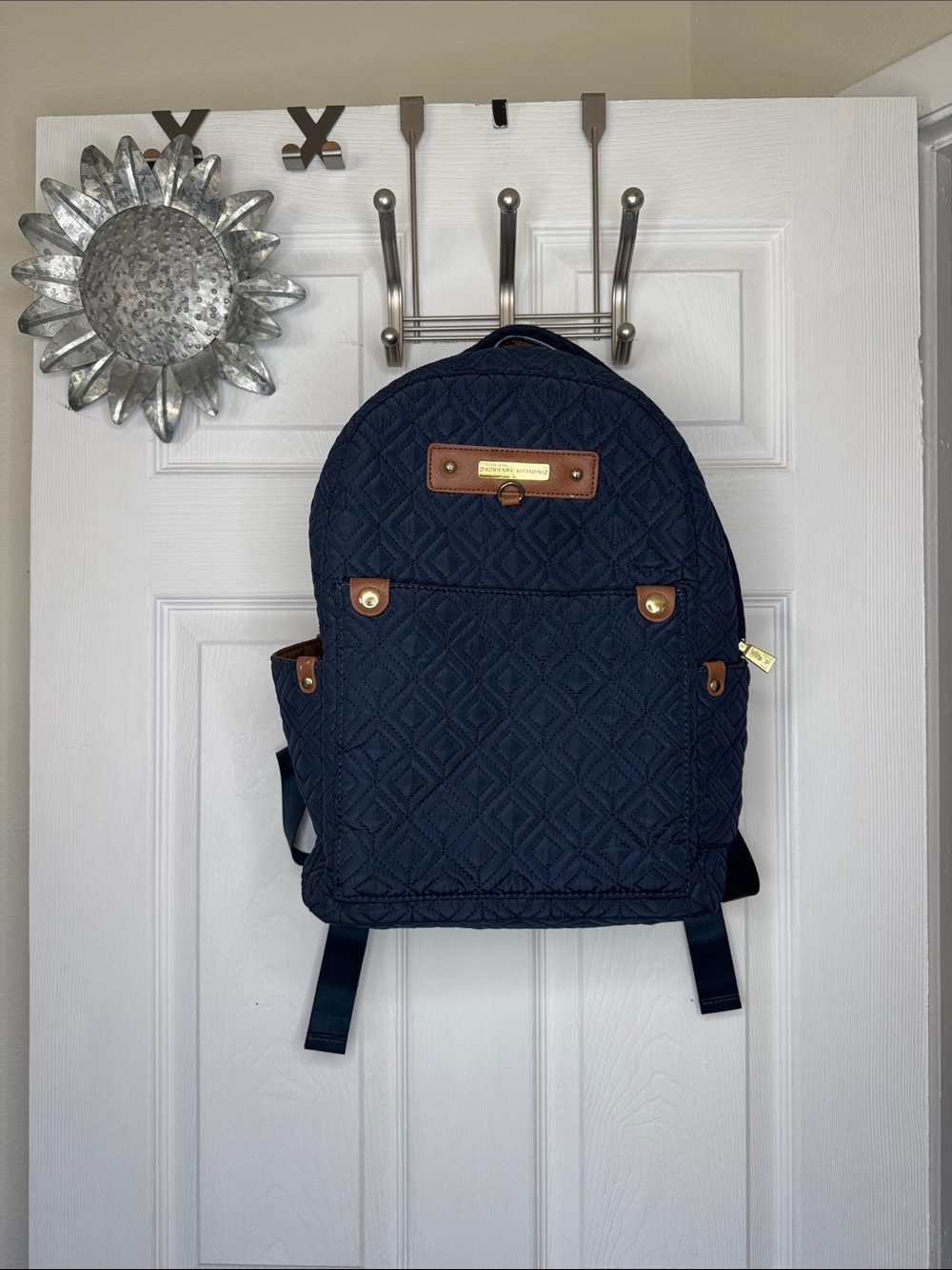Adrienne Vittadini Quilted Navy WoMen's Backpack with Tan Accents.